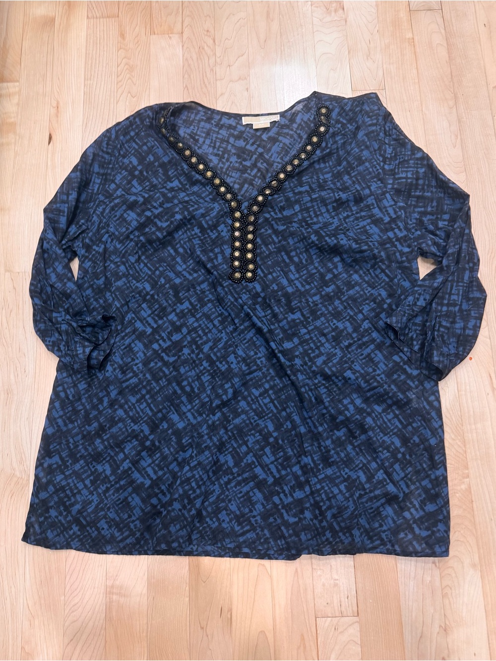 Michael Kors Navy Blue Patterned V-Neck Tunic with Stud Embellishment